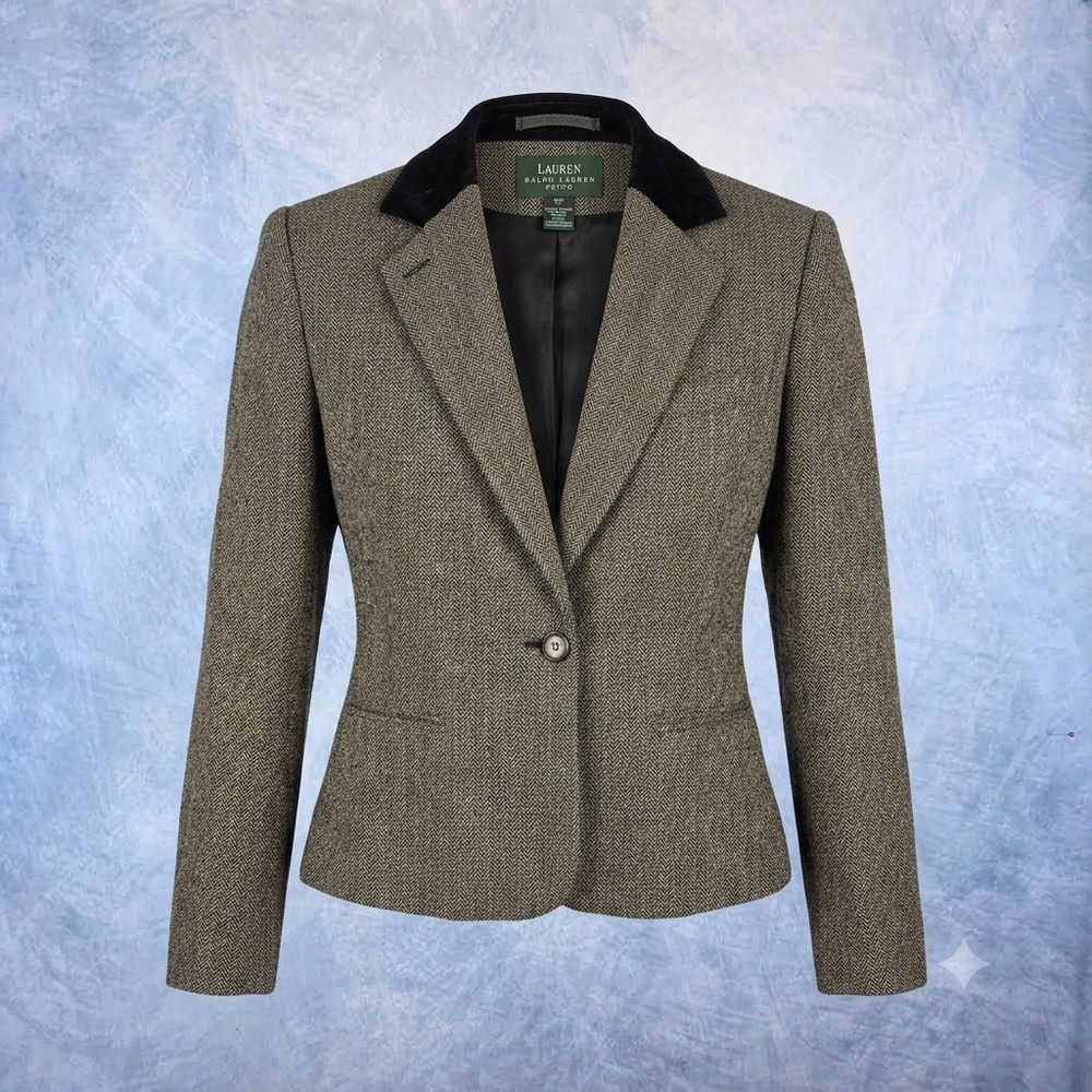 Lauren Ralph Lauren Petite Wool Herringbone Blazer Velvet Collar Brown Tan 10P